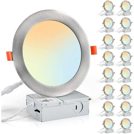 

HPJNB 16 Pack 6CCT LED Recessed Lighting 6 inch 2500K-5000K Selectable Brushed Nickel Recessed Lights 1100LM High Brightness 12W Eqv 110W Dimmable Can Lights with Junction Box - IC Ra