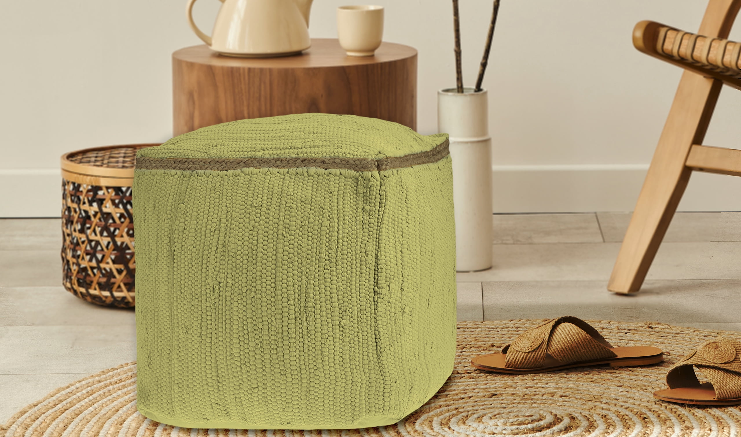 LR Home Square Yellow Braided Cotton and Jute Pouf Ottoman, 18" H x 18" W