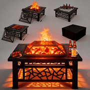 32 Fire Pits for Outside, Updated Segmart Outdoor Firepit with Fireplace Screen, Lid Square Wood Burning Fireplace Heater/Ice Pit for Camping, Outdoor Heating, Bonfire and Picnic, Black