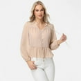 thumbnail image 2 of Women's Long Sleeve Button Front Peplum Blouse with V-Neckline and Gathered Waist Detail - X Large, Beige, 2 of 7