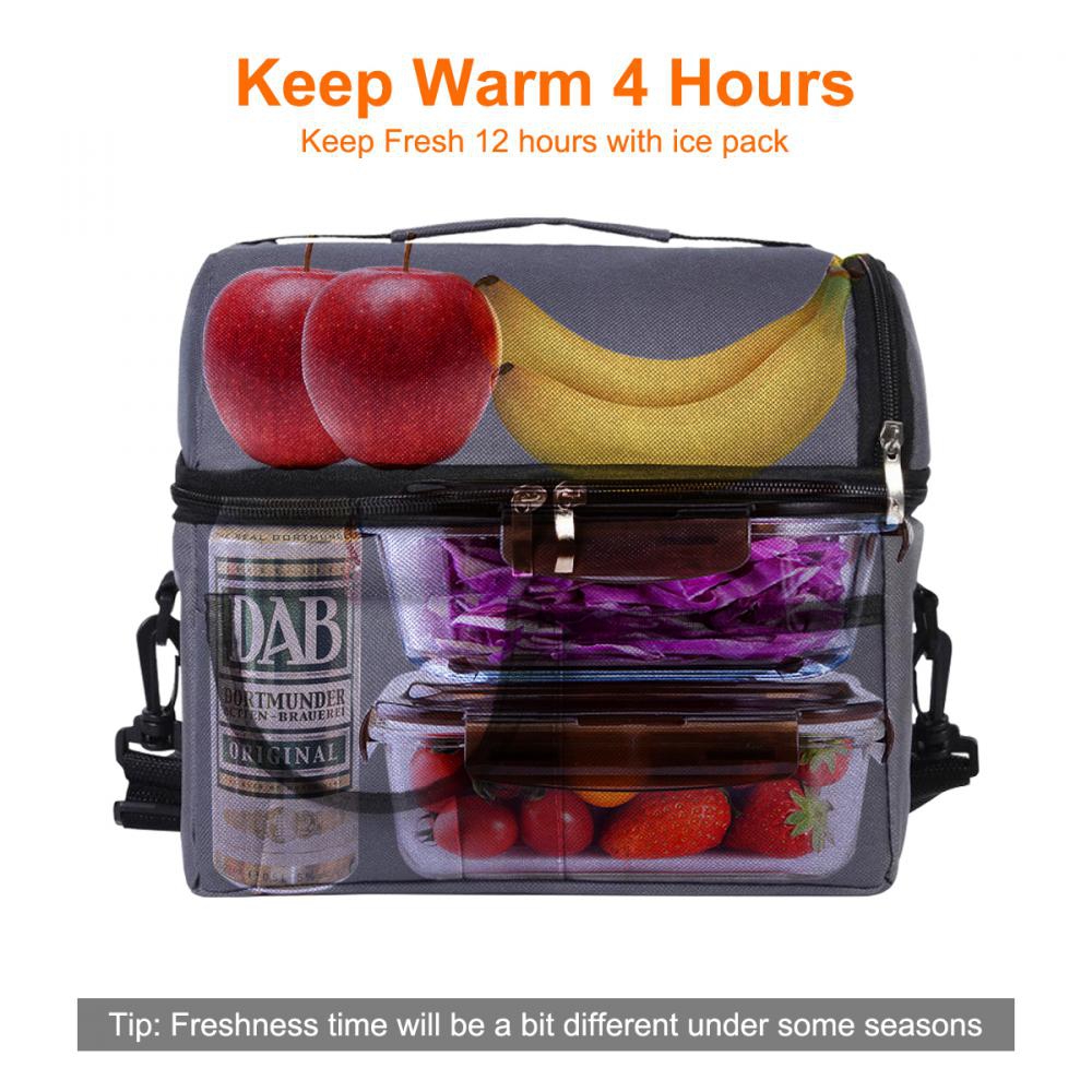 Insulated Dual Compartment Lunch Bag for Men, Women | Double Deck Reusable Lunch Pail Cooler Bag with Shoulder Strap, Soft Leakproof Liner | Large Lun