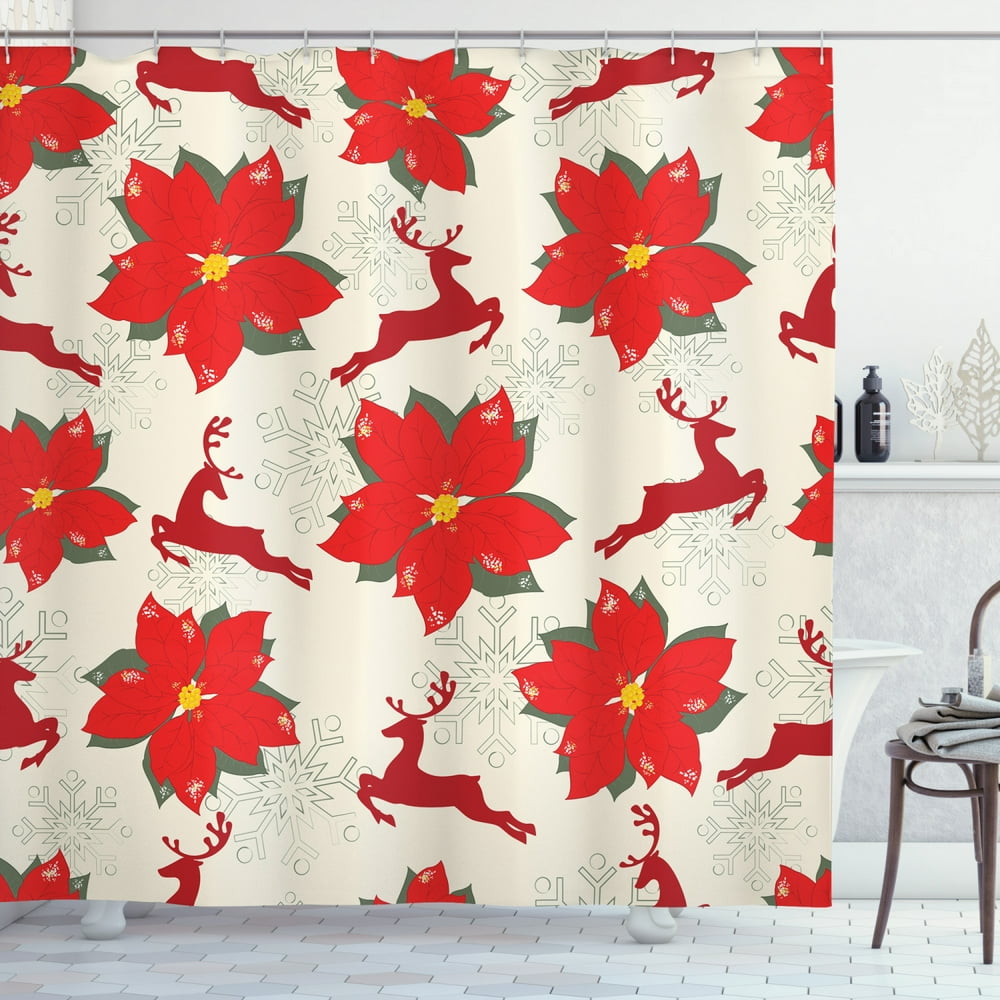 Christmas Shower Curtain, Vibrant Poinsettia Flowers with Galloping ...