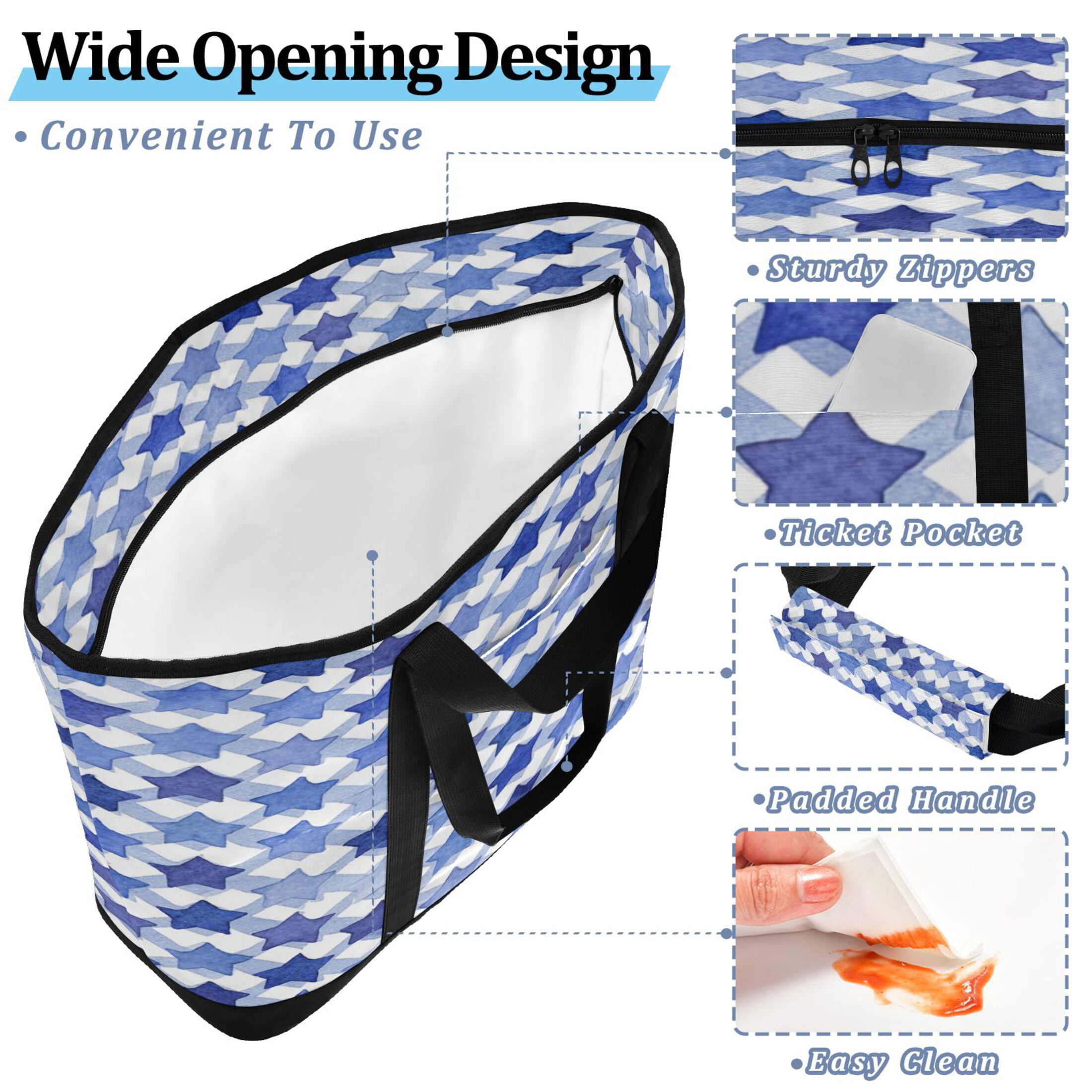 Extra-Large Wide Opening Design Capacity Hand-Held Ice Pack Thickened Insulation Layer For Long-Lasting Cold Retention For Outdoor Shopping Picnics And Camping Navy Blue Stars