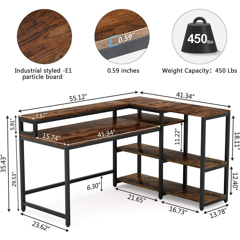 55 Reversible L-Shaped Computer Corner Desk with Shelves & Monitor Stand