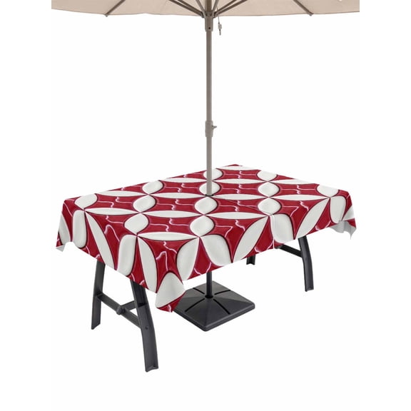 Red Geometric Outdoor Tablecloth - 60x84 Inch Rectangle Dining Table Cover, Vintage Rhombus Circle Texture Waterproof Outdoor Table Cloth with Umbrella Hole & Zipper for Picnic/Patio/Party