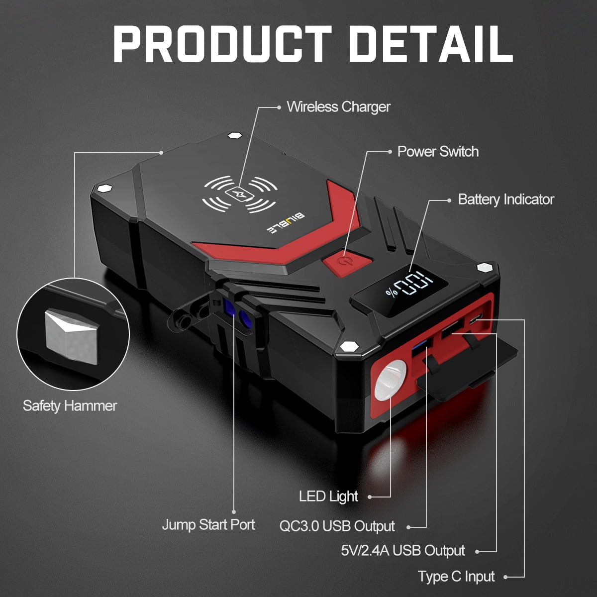BIUBLE 5000A Car Jump Starter Battery Pack, 12V Battery Booster Charger with USB-C Quick Charger (All Gas/8.0L Diesel Engine), Portable Lithium Jump Box with LED Light & Wireless Charging
