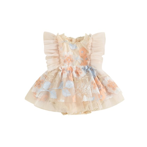 Bslissey Baby Girls Fly Sleeve Romper Dress 0-24M Embroidery Flower Tulle Patchwork Jumpsuit Newborn Infant Casual Crew Neck A-line Bodysuit Summer Princess Clothes