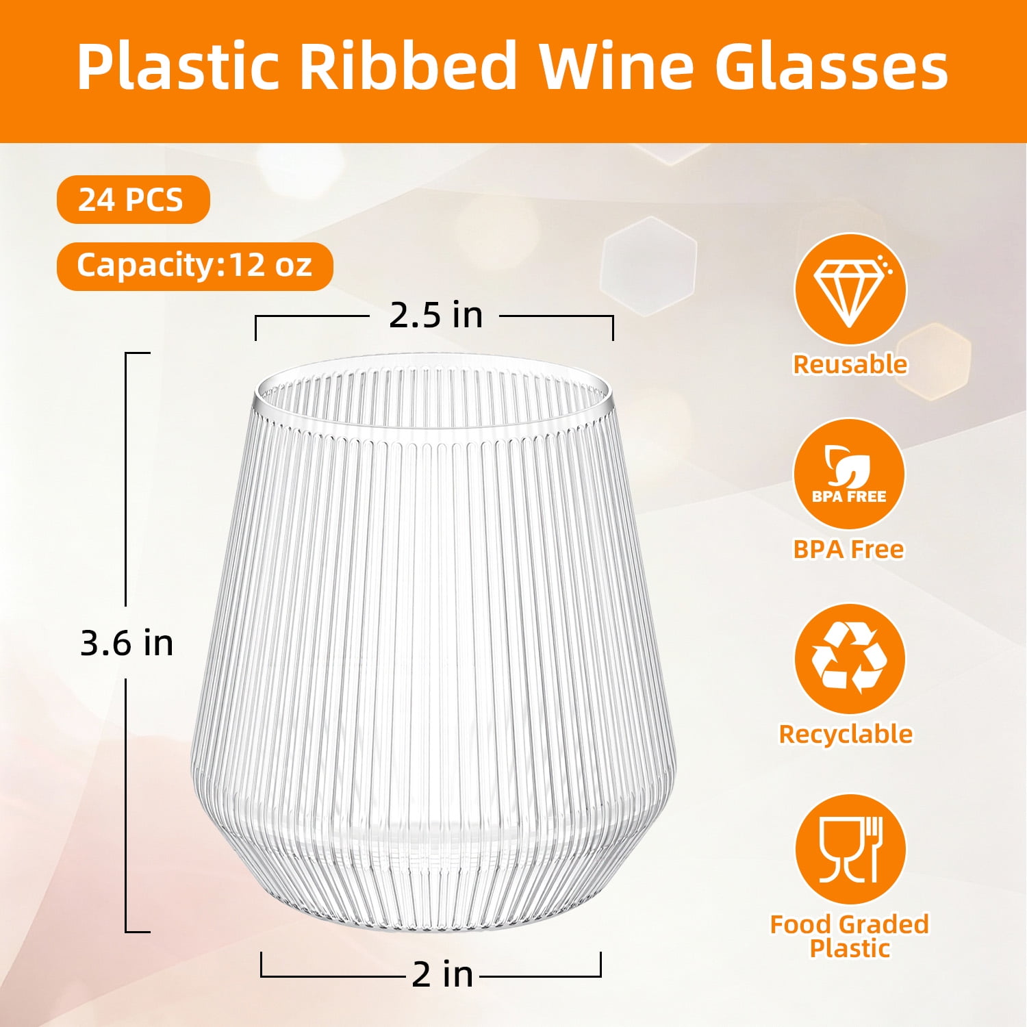 TINANA 12 oz Clear Ribbed Plastic Wine Glasses, 24 PCS Stemless Origami Ripple Disposable Champagne and Whiskey Glasses, Reusable Drinkware for Weddings & Parties