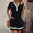 thumbnail image 4 of Solid Lace Patchwork 2 Piece Outfit, Women Summer Short Sleeve Top & Shorts Set, 4 of 7