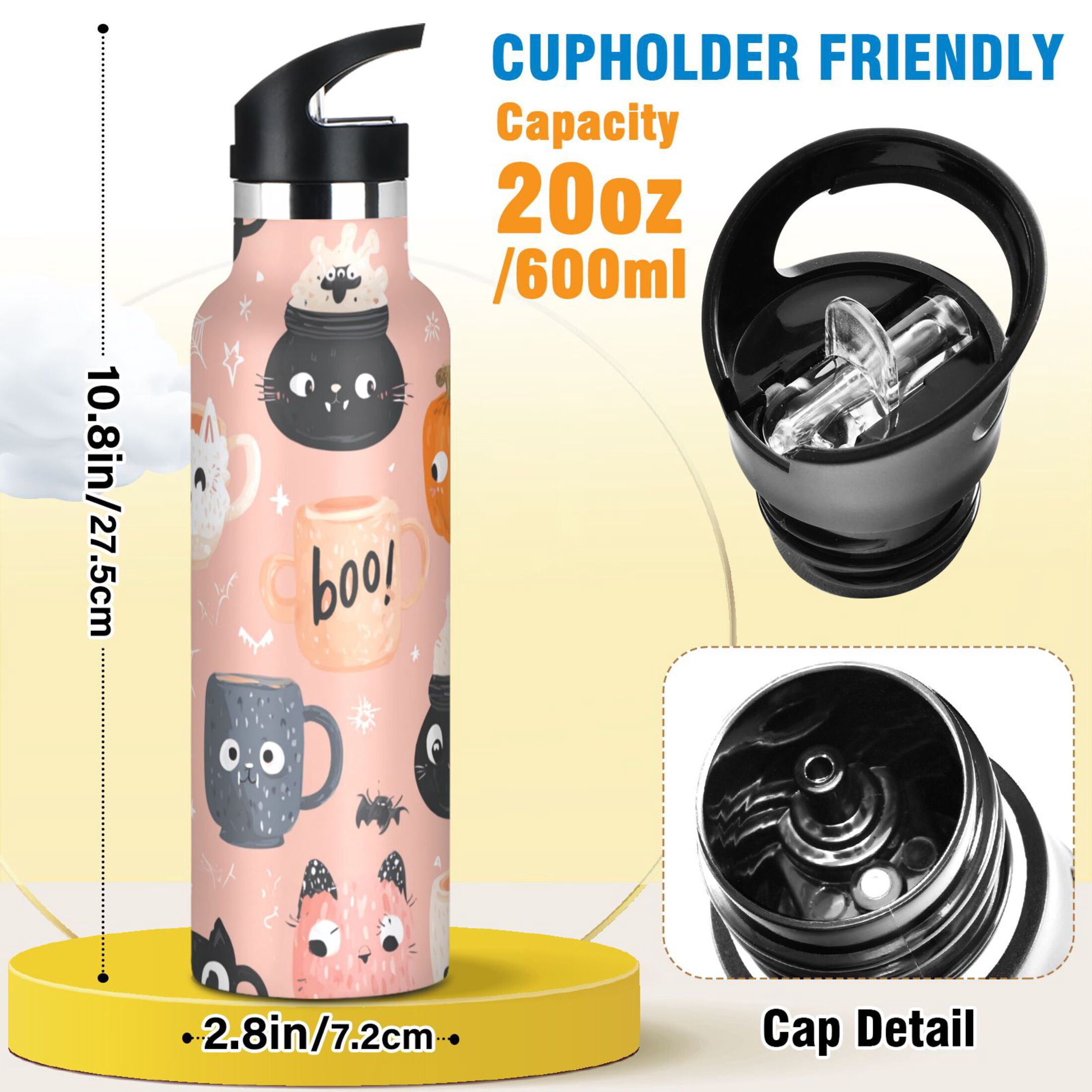 Kids Insulated Stainless Steel Sports Water Bottle 600ml (20oz) Halloween Coffee Mug Pattern