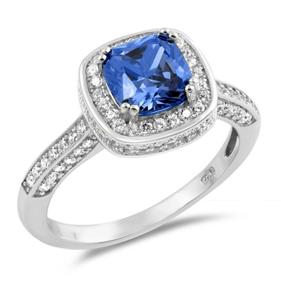 Blue Simulated Sapphire Wedding Delicate Setting Ring Sterling Silver Band CZ 925 Female Size 9