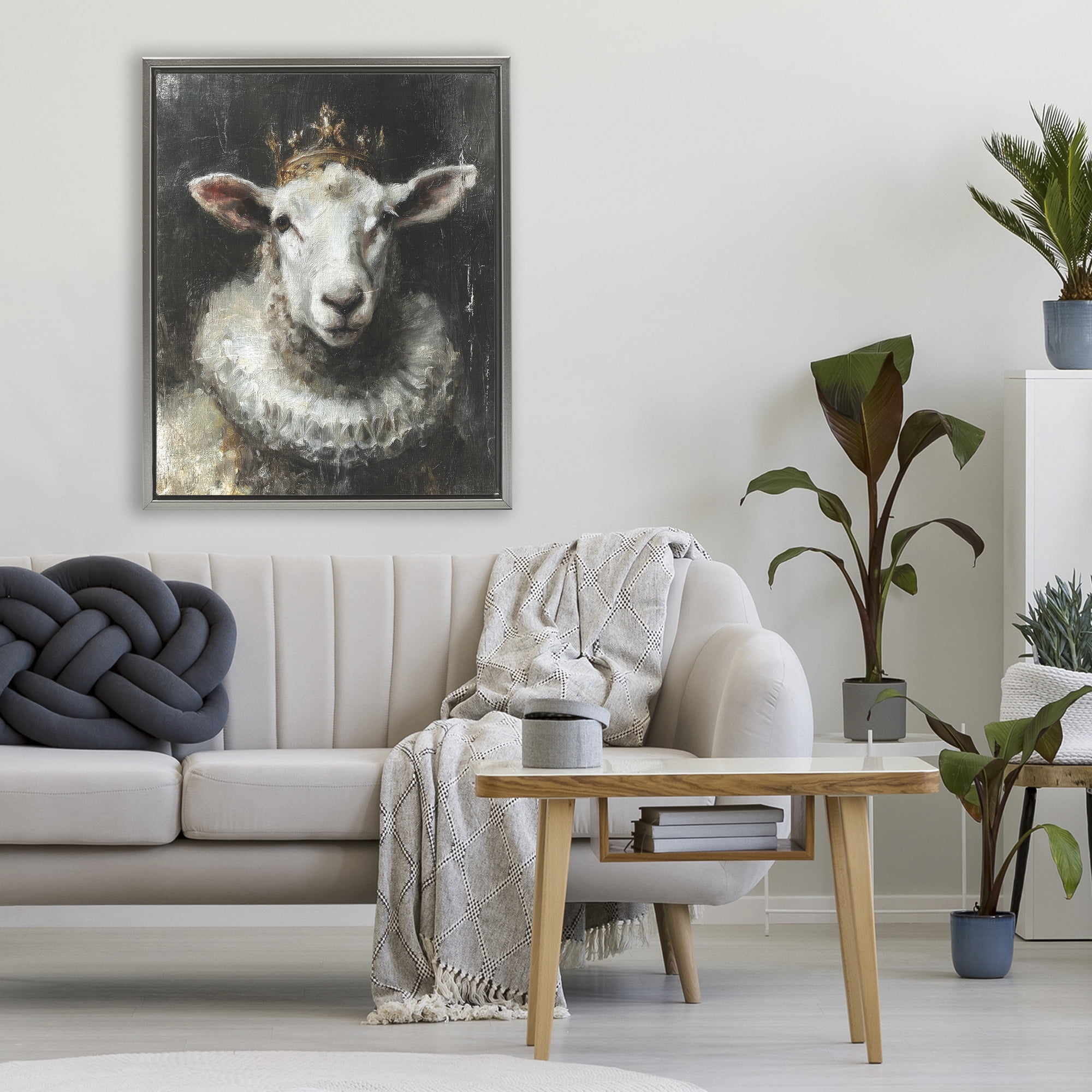 Stupell Industries Crowned Sheep Portrait Gray Framed Floater Canvas Wall Art, design by Svetlana Aleynikova