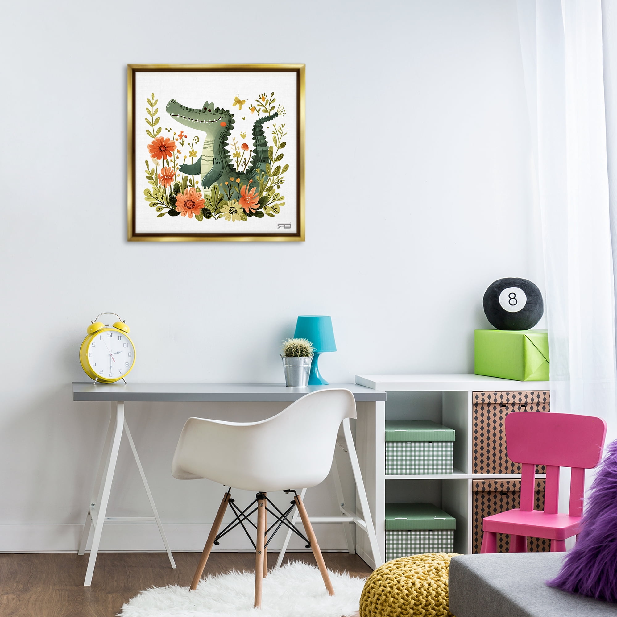 Stupell Industries Floral Happy Alligator Animals Painting Gold Floater Framed Canvas Art Print Wall Art, 25 x 25