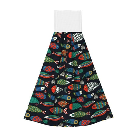

Qekee Hand Drawn Colorful Fishes Print Hanging Kitchen Towels Coral Velvet Wipe Hand Towel Absorbent Hand Towels Microfiber Tie Towel for Bathroom Kitchen Decor