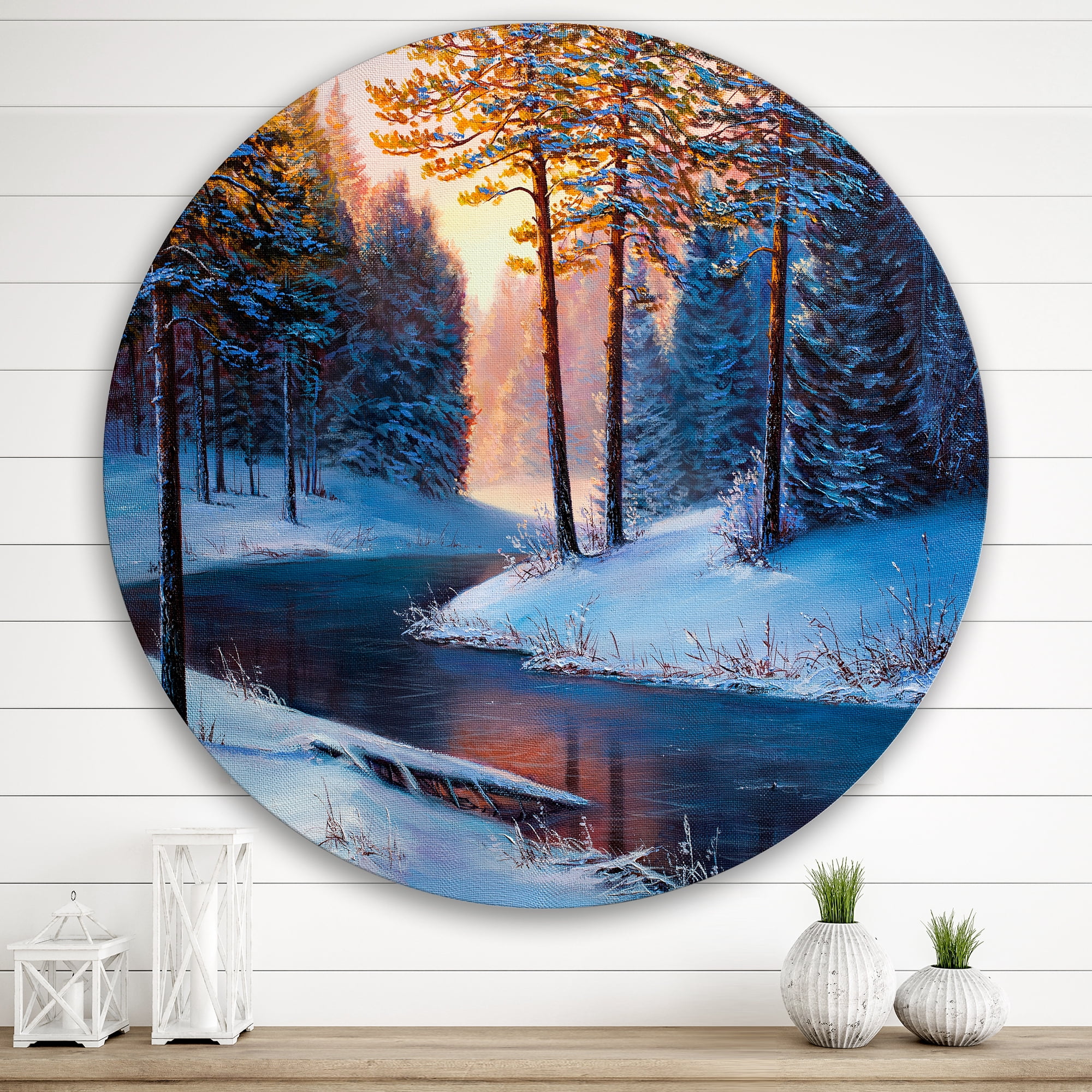 Designart 'Morning Glow Through The Christmas Forest By The River' Lake House Circle Metal Wall Art 29x29 - Disc of 29
