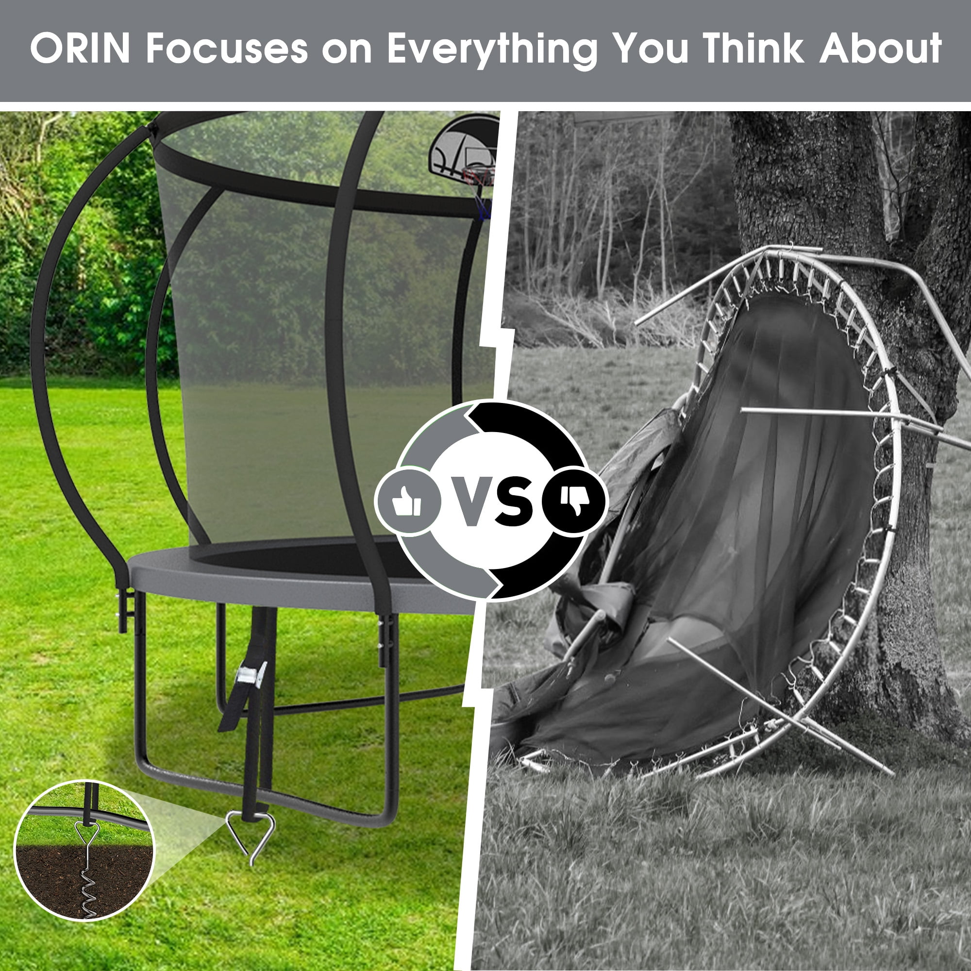 YORIN Trampoline, 14 FT Trampoline for 7-8 Kids Adults with Enclosure Net, Basketball Hoop, Ladder, 1400LBS Outdoor Round Recreational Trampoline, Heavy Duty Trampoline with Light, Sprinkler, Socks
