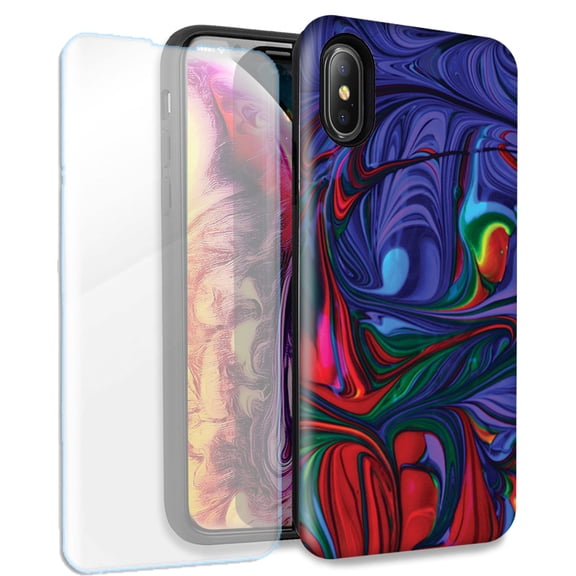 Mundaze Purple Red Oil Paint Double Layer Case w/Glass Screen Protector For Apple iPhone XS Max