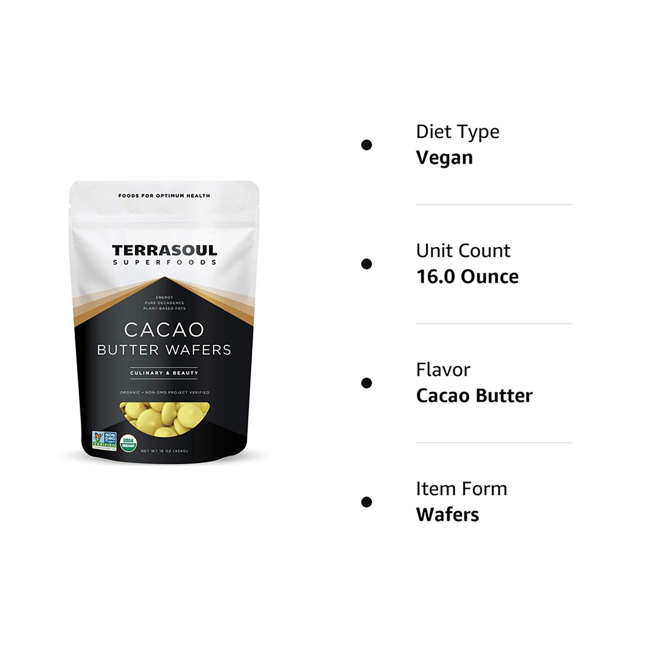 Terrasoul Superfoods Organic Cacao Butter Wafers, 1 Lb - Raw | Keto | Vegan | Unrefined