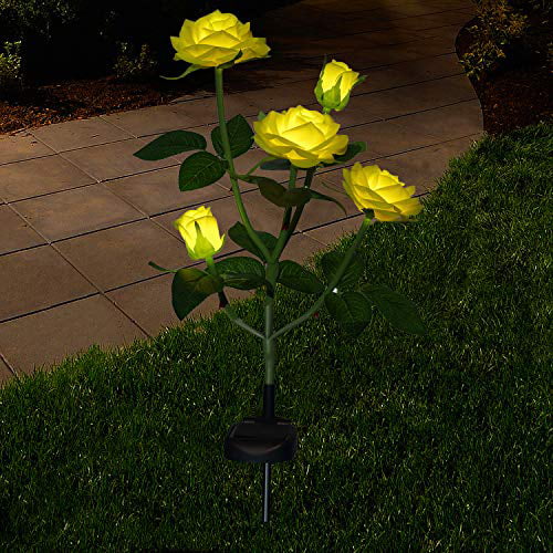 Yellow for Outdoor Garden Cemetery Patio Yard Pathway Decoration 2 Pack Realistic Solar Rose Lights Flower Stake with 10 Roses