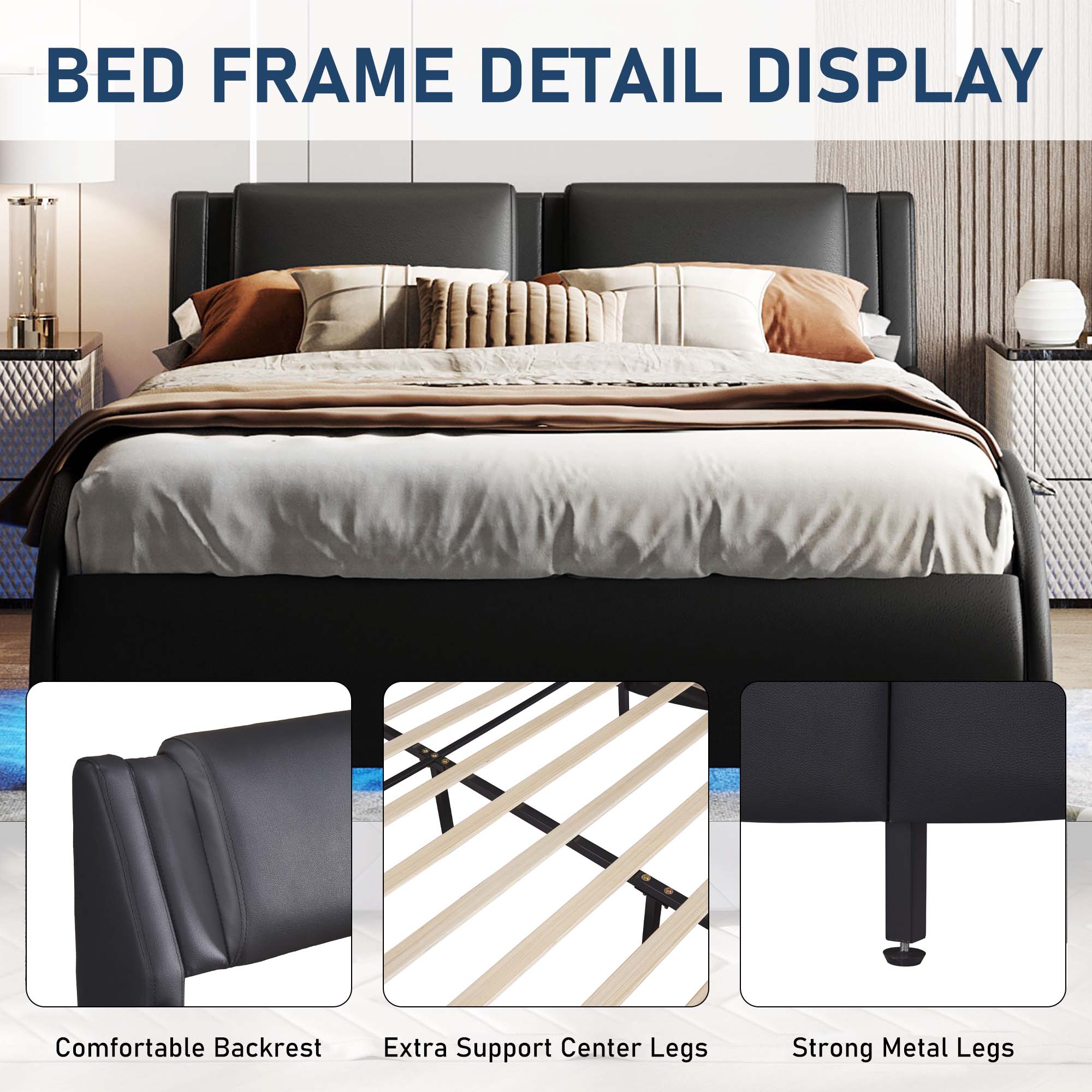 Aukfa Faux Leather Queen Upholstered LED Platform Bed Frame with Headboard, 16 LED Light Bed - Black