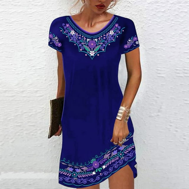 CHUANK Robes d'Été Nouvelle Arrivée Mode Confortable Décontractée Ethnique Manches Courtes Col Rond Imprimé