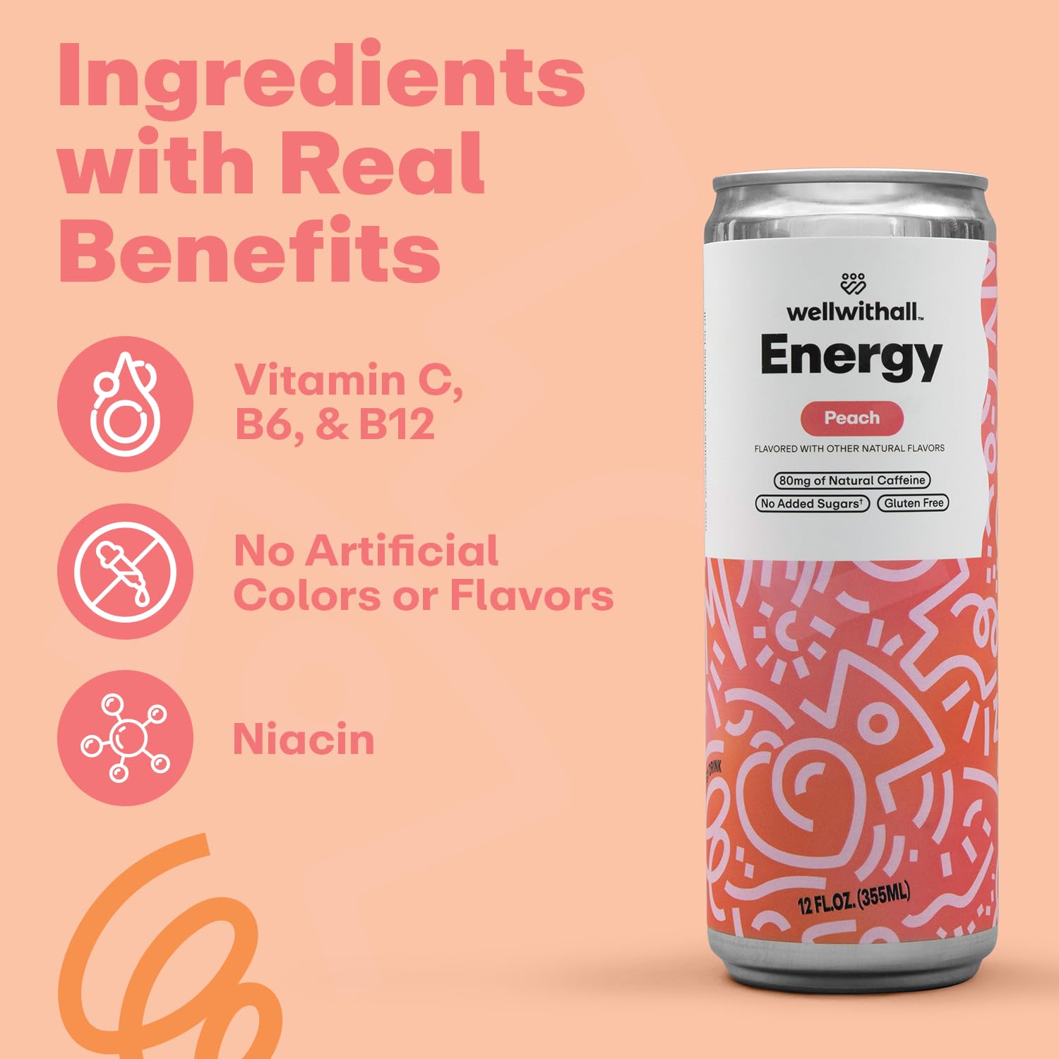 WellWithAll Energy Drink - Peach - Natural Caffeine - Lightly Sparkling 12 oz, 12 Pack