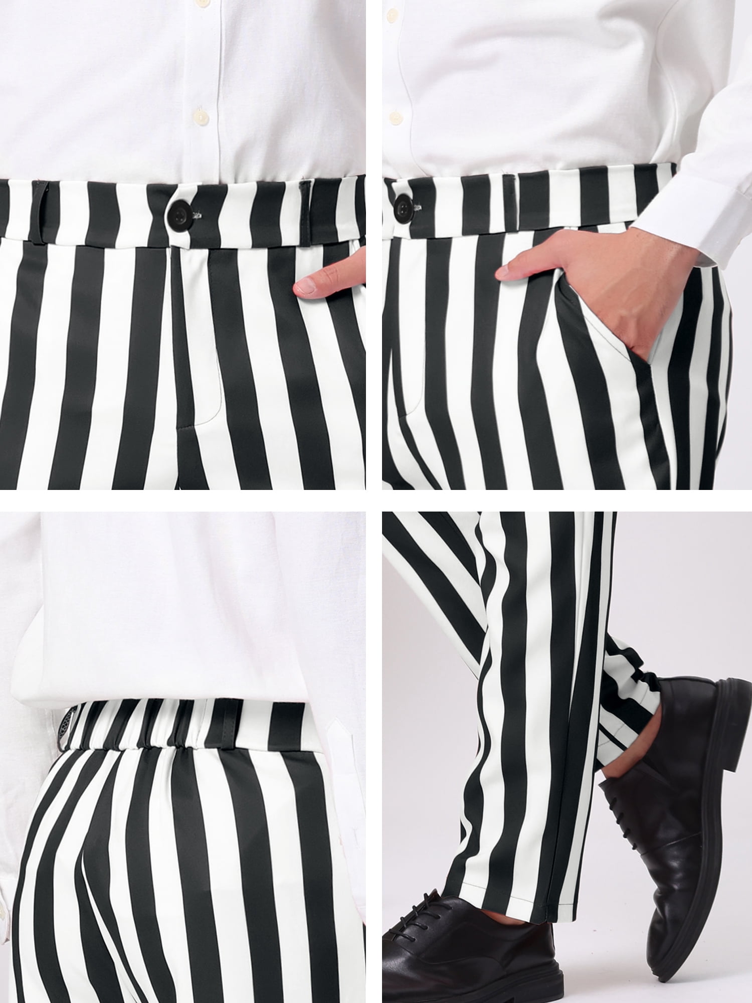 Unique Bargains Men's Striped Pant Classic Fit Flat Front Business Trousers 30 Black White