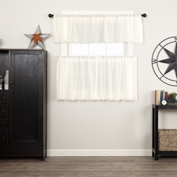 VHC Brands Tobacco Cloth Antique White 3 PC Curtain Set (1 Valance 16x72 and 2 Tier 24x36)