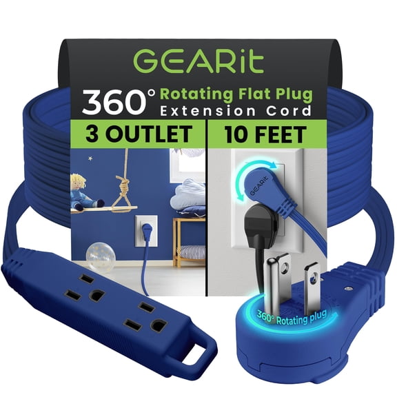 GEARit 360 Rotating Flat Plug Extension Cord with 3 Outlets (10ft, Navy) 16AWG/13A 3 Prong Wire, Outlet Saver for Home Office Dorm Room Essentials, ETL Certified