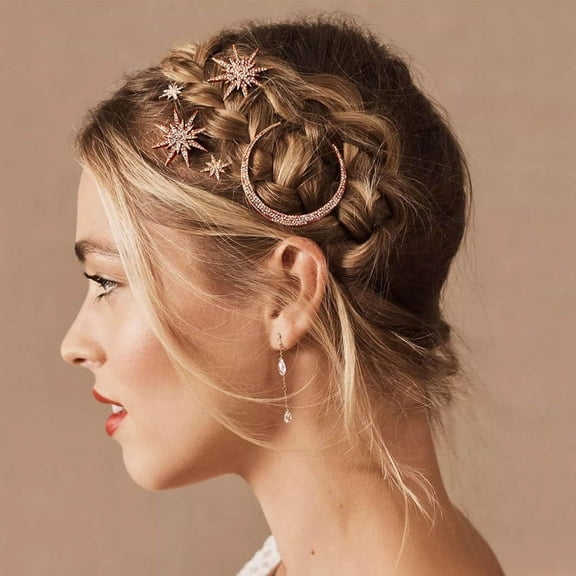 BZCOE Moon Star Hair Clips Rose Gold Rhinestone Hair Pins Crystal Bobby Pins Bride Wedding Celestial Hair Accessories for Women and Girls Rose Gold Hair Accessories (Pack of 3)
