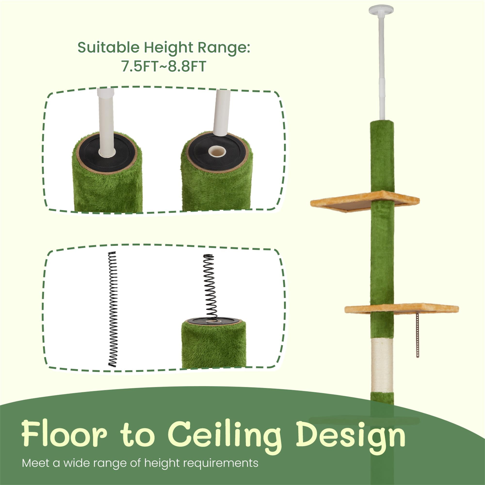 Kadyn Cat Tree, Cactus Floor to Ceiling Cat Tower with Adjustable Height (90"-106"), 5 Level Cat Climbing Tower with Cozy Platforms and Dangling Balls for Indoor Cats, Green