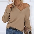 thumbnail image 3 of Suéter de punto con cuello en V y cuello de solapa para mujer, suéter de Color puro con manga larga acampanada, para otoño e invierno, color tostado claro S, 3 of 6