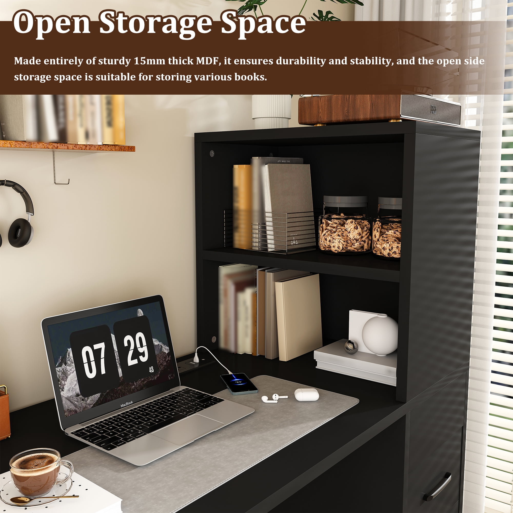 Computer Desk with 4-in-1 Charging Socket and 3 Slide Drawers, 4-Shelf Storage Workstation for Home Office and Study, Black