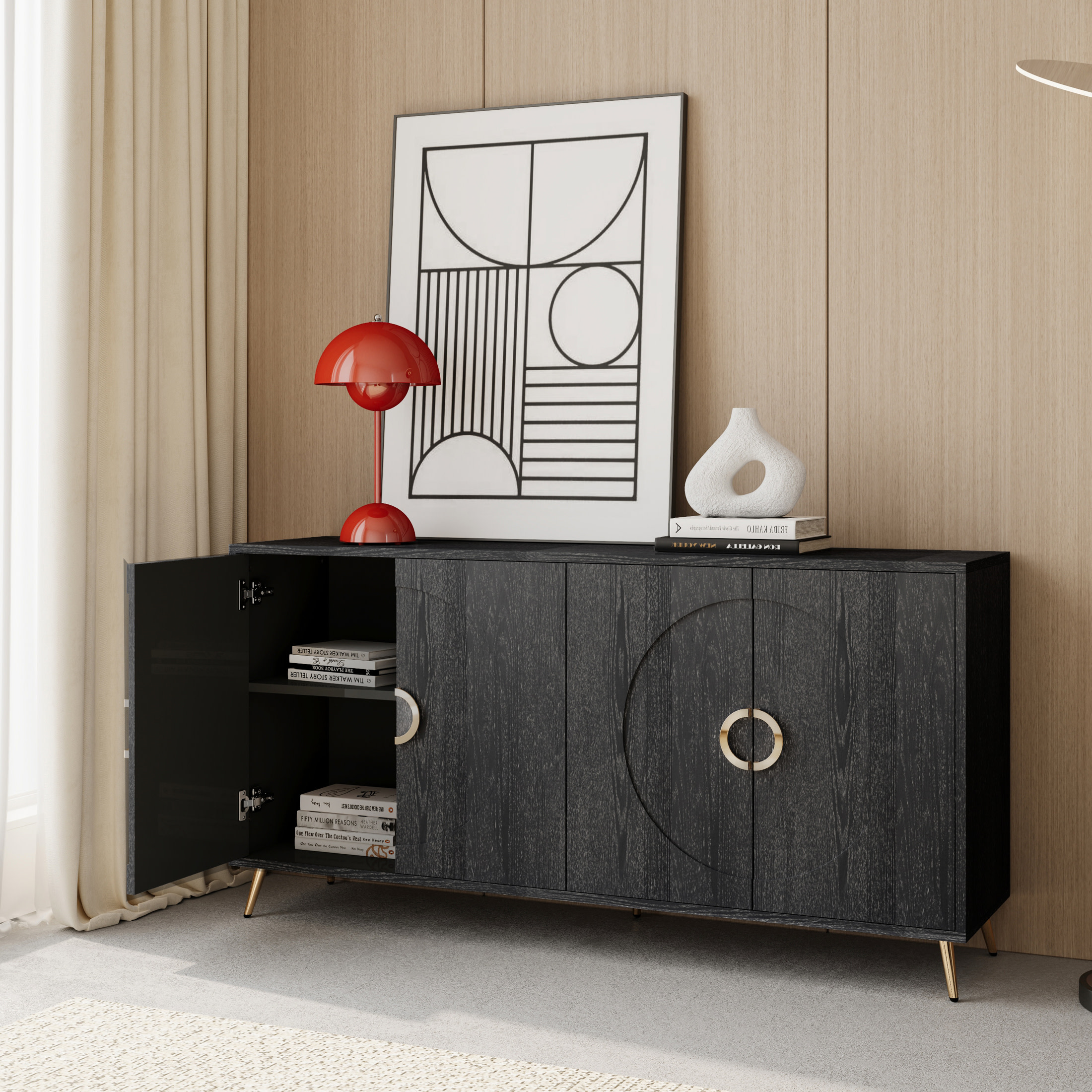 Noble House 59.8" Modern Lacquered Sideboard, Buffet Storage Cabinet with Adjustable Shelves, Distressed Black