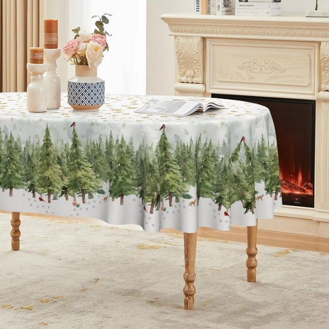 Christmas Tablecloth 60×84 Inch Oval, Golden Snow Trees Washable Table Cover for Party Picnic Dinner Decor