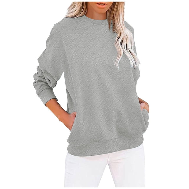 AherBiu Chandail en Molleton pour Femmes Tendance Col Rond Pull d'Automne Hauts Amples Confortables avec Poches