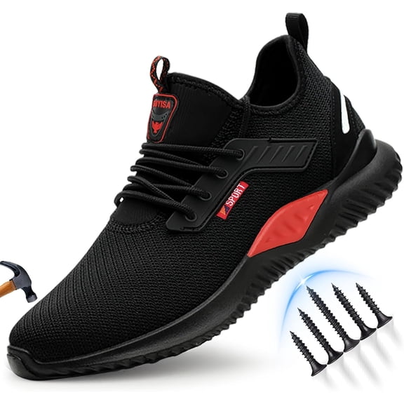 Men's Lightweight Steel - Toe Work Sneakers - Comfortable Slip - On for Construction & Industrial Use, in Black - Red