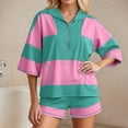 thumbnail image 2 of Lkhaha Womens Workout 2 Piece Outfits Striped Lounge Set Oversized Matching Top and Shorts Tracksuits Dark Green S, 2 of 6
