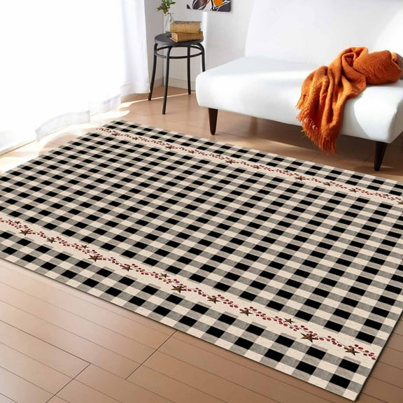 Area Rugs Indoor Non-Slip Rectangle Rug 5x7 Ft Farmhouse Berry Black Buffalo Plaid American Country Rustic Rug Rubber Backing Floor Mats Non Shedding Home Decor Carpet for Entryway Living Room