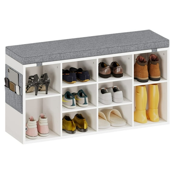 Juiluna Shoe Bench Entryway with Storage, Shoe Rack Bench with Cushion, Cubby Seat Shoe Cabinet, 3-Tier Adjustable Shelf for Entryway, Living Room, Bedroom, Hallway, White, 41 inch
