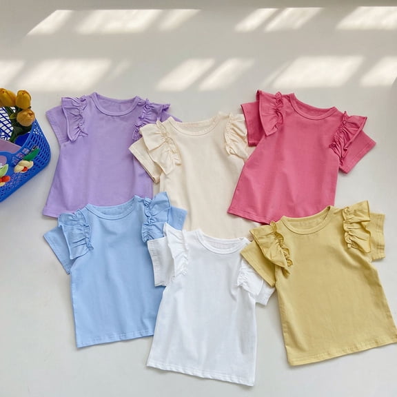 RTKFRFLM Girls Basic Solid Color T-Shirt Kids Short Sleeve Round Neck Essential Tee Top Summer Pure Cotton Plain Shirt for Little Girls Soft Breathable Daily School Wear Trendy Top