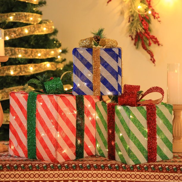 Zimtown Pack de 3 Decoraciones Navideñas, 3pzas 60 Luces, Malla para Polvo, Caja de Regalo con Lazo Serpentina