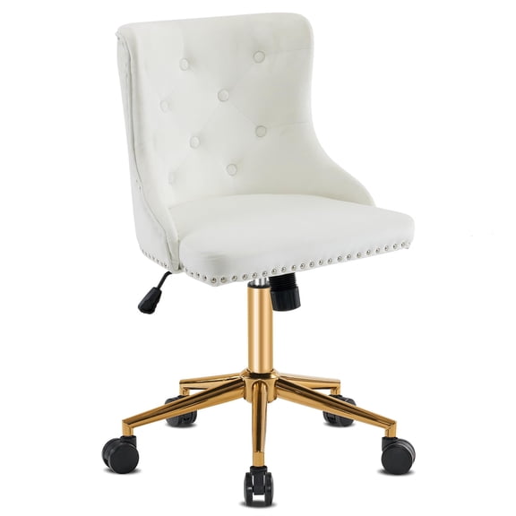 Velvet Armless Office Desk Chair, Small Vanity Makeup Stool with Back, Adjustable Rolling Swivel Nail Chair for Bedroom, Living Room, Dorm, Home Study, White