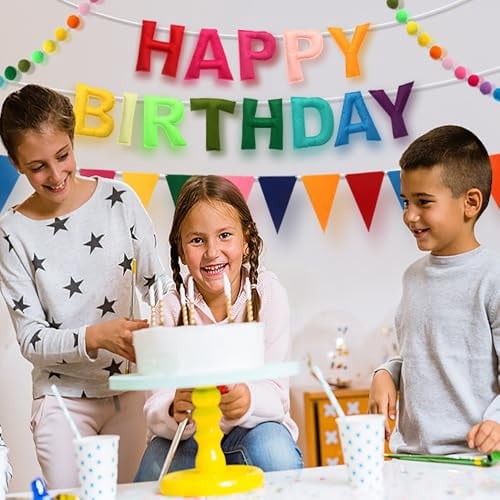 Colorful Felt Ball Birthday Banner Garland, Rainbow Triangle Pennant Flags for Party Decorations, Bulk Multicolor Bunting String for Celebrations