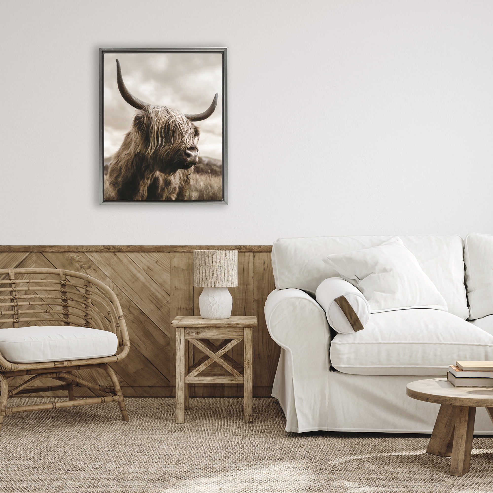 Stupell Industries Highland Cow on Windswept Moor Gray Framed Floater Canvas Wall Art, design by CAD Designs
