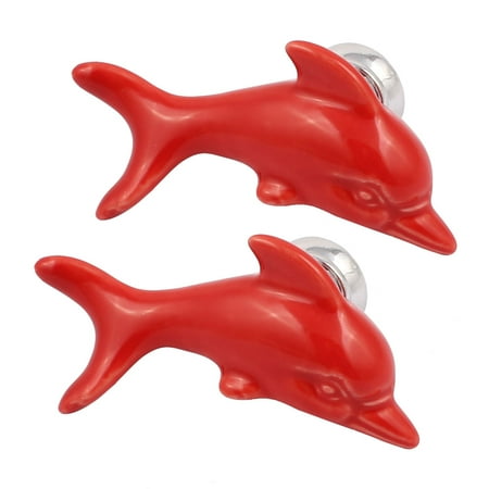 Cabinet Wardrobe Drawer Door Pull Dolphin Shape Design Ceramic Knobs Red 2Pcs