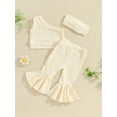 thumbnail image 5 of Musuos Girls Summer Outfits, 6M 12M 18M 24M 3Y 4Y One Shoulder Ribbed Tops + Elastic Waist Flare Pants + Headband Toddler 3 Piece Set, 5 of 10