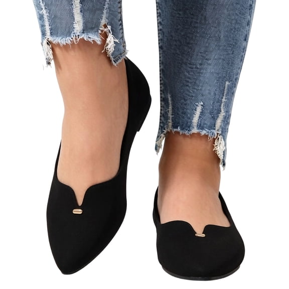 Rokment Ladies Dress Shoes Women's Stylish Metallic Buckles V-Cut Formal Pointed Toe Ballet Flat Casual Business Office Slip on Loafers for Bride Wedding
