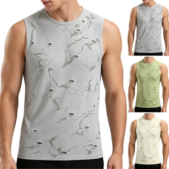 Men's Knit Ripped Hole Sleeveless Tank Top, Breathable Quick Dry Gym Workout Athletic Vest Gray