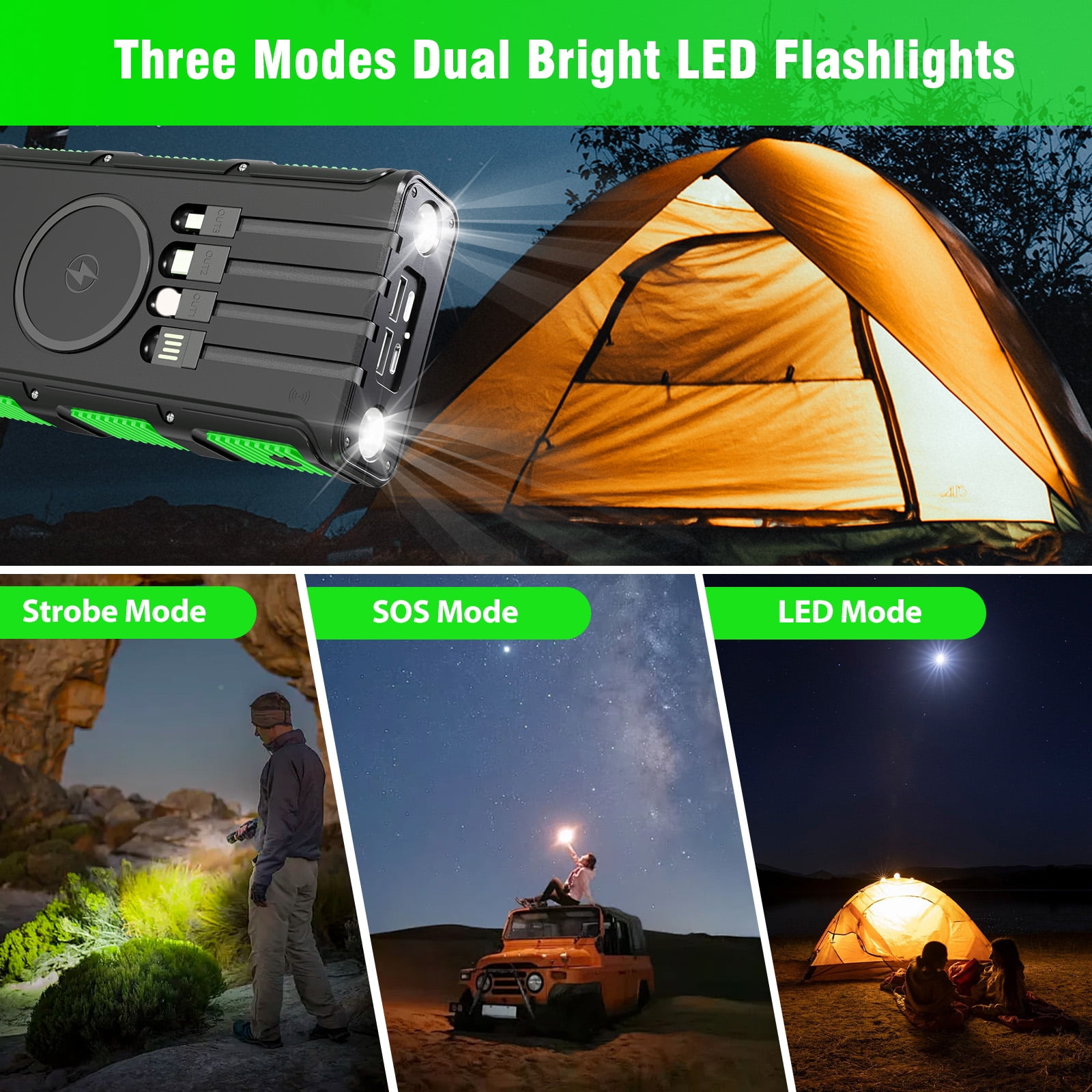Power Bank Wireless Charger 68800mAh Built in Hand Crank and 4 Cables 15W Fast Charging Power Bank 7 Outputs & 4 Inputs Solar Portable Charger, SOS/Strobe/Strong Flashlights, Compass(Green)